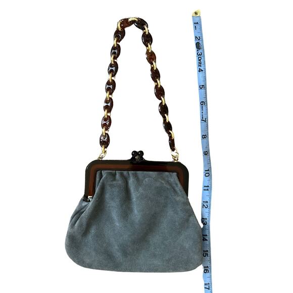 Vintage Walborg Suede Evening Bag – Grey Suede, Tortoise Lucite Frame & Chain - Picture 6 of 6